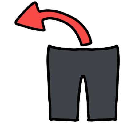 a red curved arrow pointing from a dark grey pair of trousers or pants.